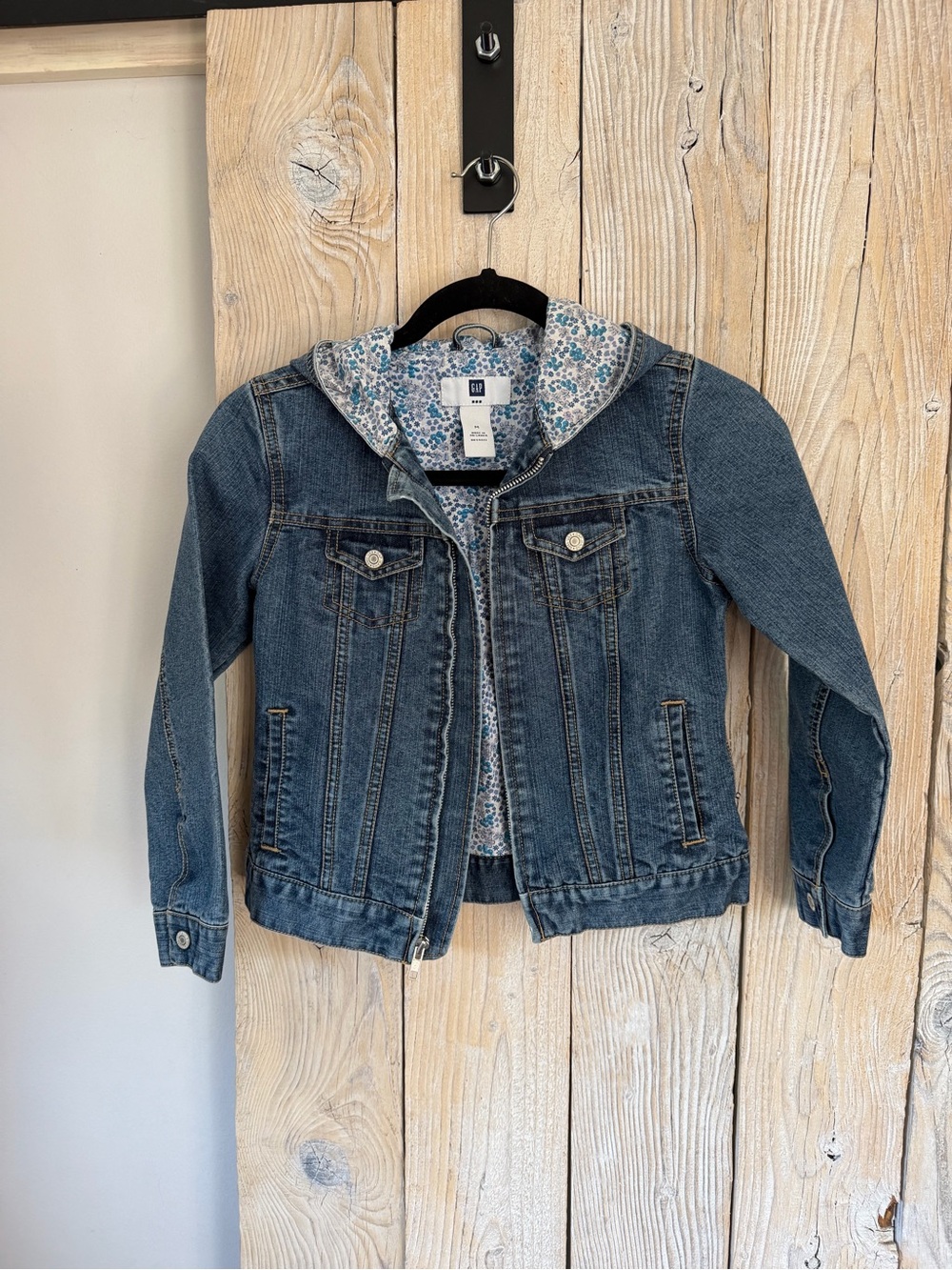 GAP Blue Denim Jacket with Floral Hood Lining